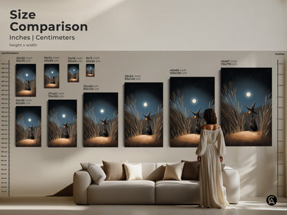 Size Comparison In Inches and Centimeters. This fantasy wall art depicts a witch gazing at the moonlight. Navy Blue Gold Moonlight Canvas. The artwork is perfect as a Halloween Occasion Gift for her.