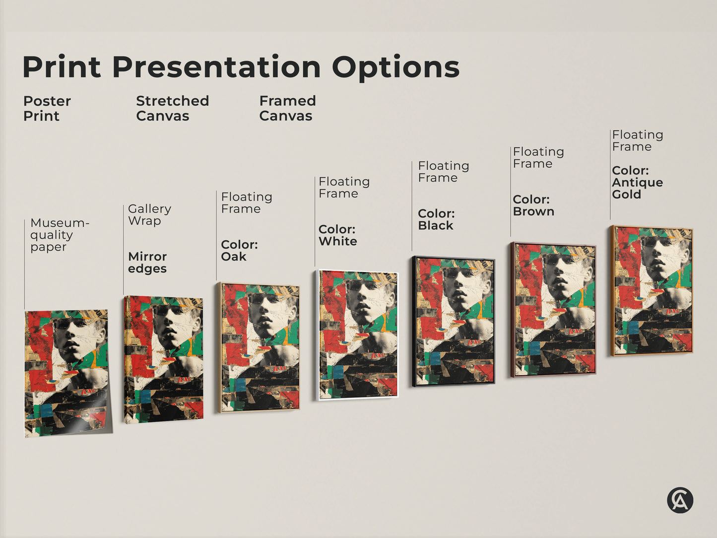 Print presentation options for retro man portrait art. Choose from poster prints stretched canvas and framed canvas. Find the perfect style for your urban collage wall art.