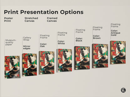 Print presentation options for retro man portrait art. Choose from poster prints stretched canvas and framed canvas. Find the perfect style for your urban collage wall art.