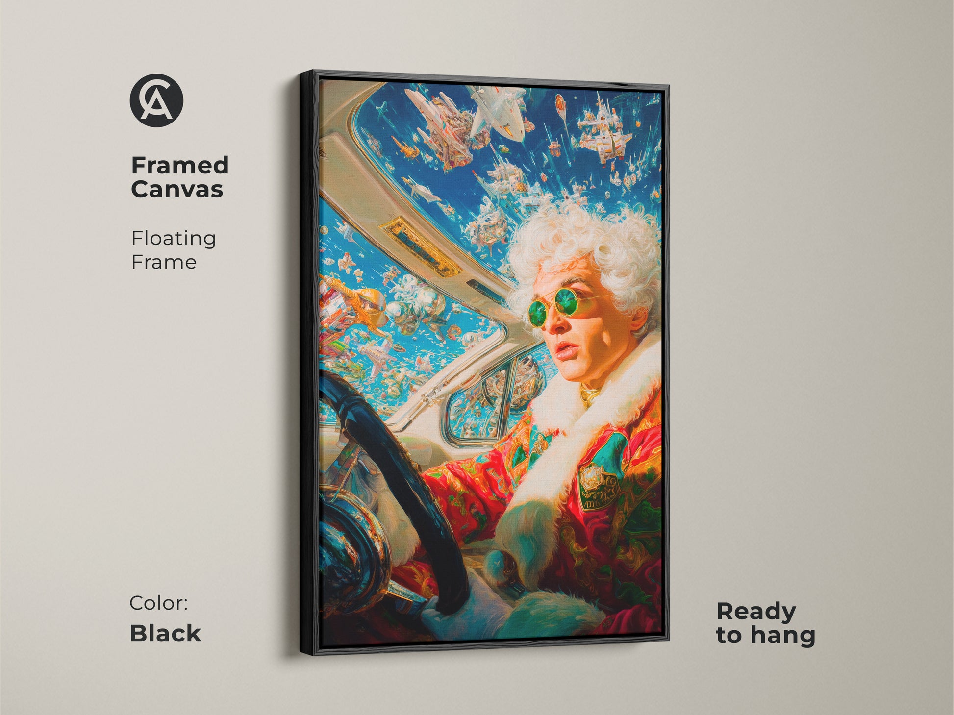 This artwork is available as a framed canvas. It features a person driving a car with spaceships in the sky. The floating frame adds a touch of elegance. The black frame enhances the artwork. Ready to hang and display.