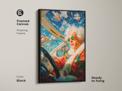 This artwork is available as a framed canvas. It features a person driving a car with spaceships in the sky. The floating frame adds a touch of elegance. The black frame enhances the artwork. Ready to hang and display.