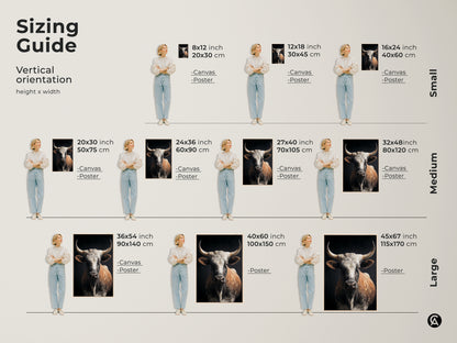 Sizing guide for realistic bull artwork. Available as canvas or poster prints. Ranging from small to large sizes. The tan white and brown tones of the farmhouse cow wall art enhance any space. Choose the perfect size to complement your country style home decor. Ideal for a dining room farmhouse art.
