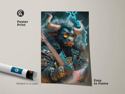 A poster print showcases a bull artwork wearing sunglasses and a leather jacket. The bull is holding a guitar. The poster is easy to frame and comes rolled in a tube for protection. A cool art piece.