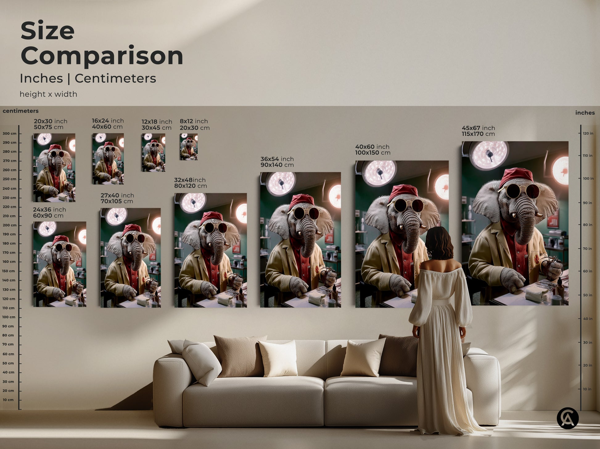 Size comparison featuring the surreal elephant doctor art. See how the canvas print or poster scales next to furniture and people. From 8x12 to 45x67 inches find the size that is right. This is funny medical office decor or unique animal portrait art.