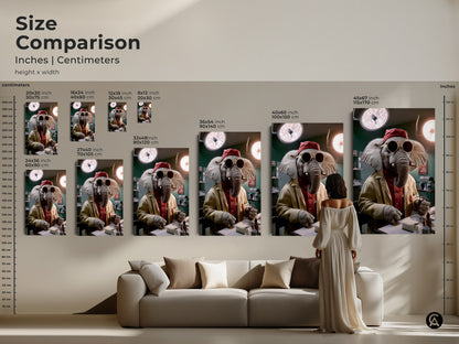 Size comparison featuring the surreal elephant doctor art. See how the canvas print or poster scales next to furniture and people. From 8x12 to 45x67 inches find the size that is right. This is funny medical office decor or unique animal portrait art.