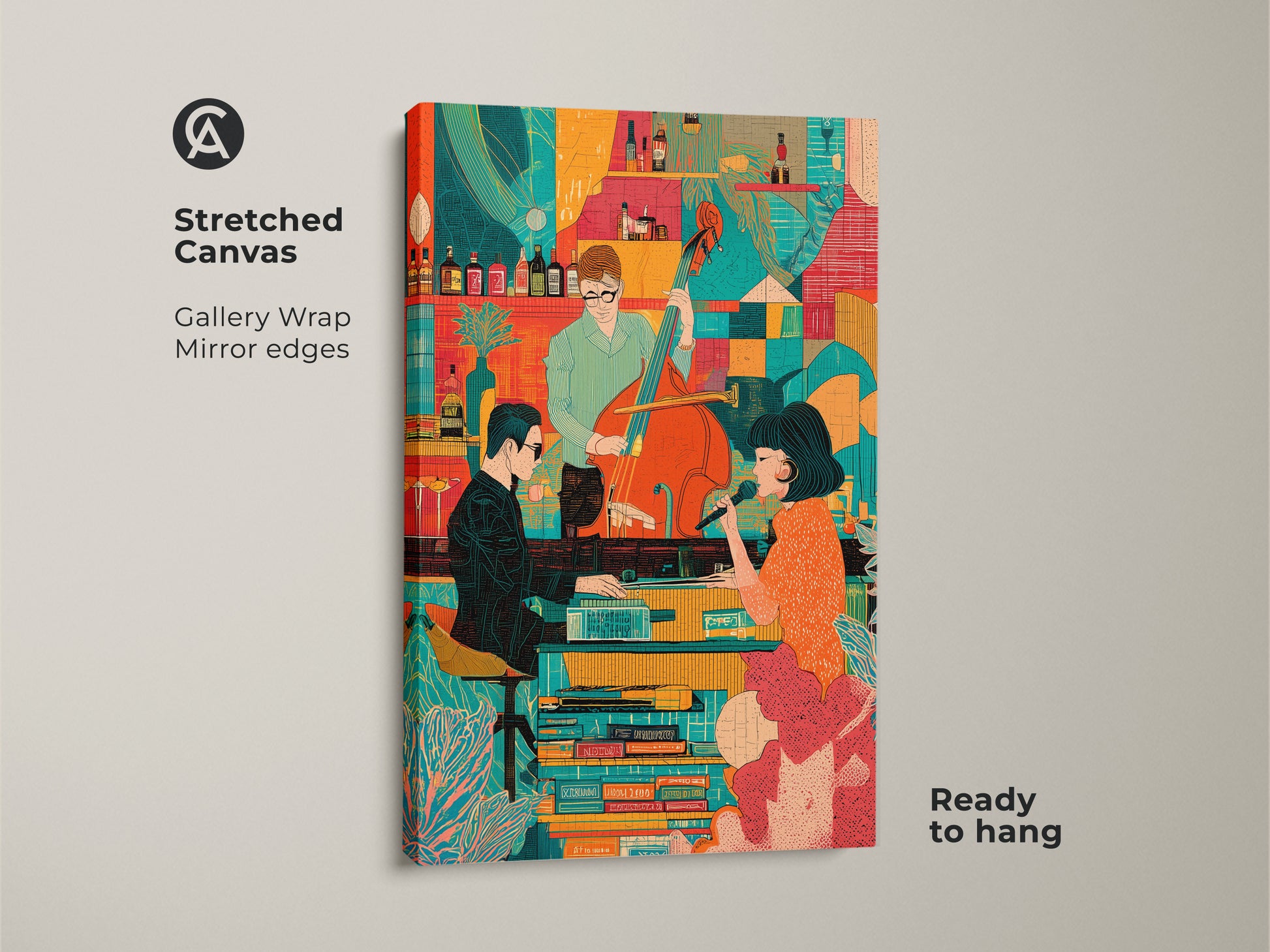 A stretched canvas print of a Mid-Century Modern Jazz Band. The gallery wrap has mirrored edges. This retro singer and bassist artwork is ready to hang. It adds an eclectic touch to any room. The orange and teal colors make it a vibrant piece of home decor for music enthusiasts.