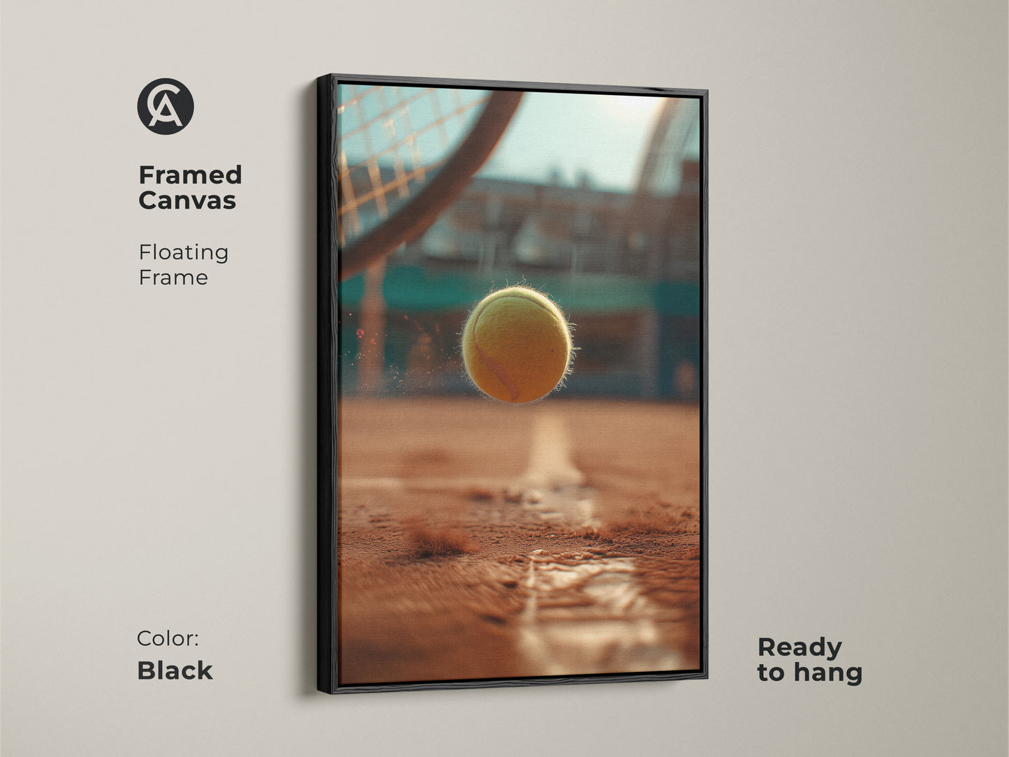Black framed canvas featuring a tennis ball. The floating frame adds a modern touch. Ready to hang this artwork captures the essence of tennis. The image showcases a tennis ball frozen above the court line. Perfect for contemporary spaces and sports lovers.