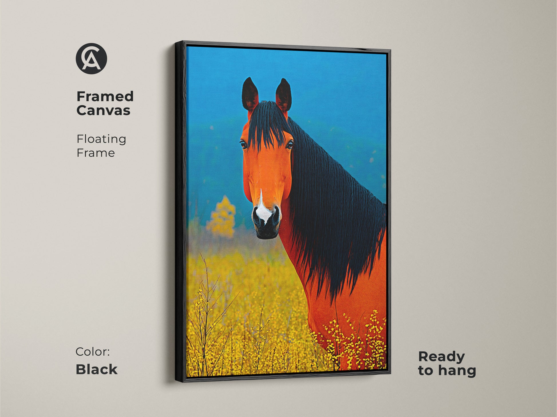 Framed canvas showcasing orange and blue horse art. The black floating frame is ready to hang. It's perfect farmhouse wall decor and a great gift for equestrian enthusiasts.  Enhance your home with this animal art