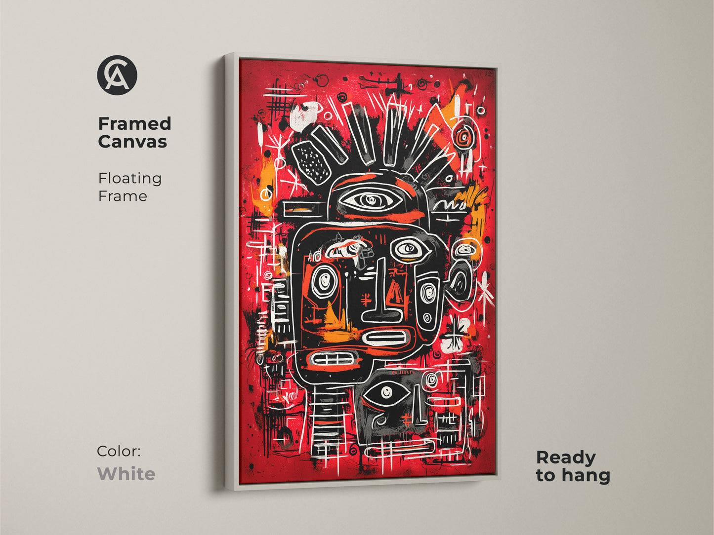 A framed canvas artwork with a floating frame in white. The artwork displays an abstract face with a red backdrop. The face is designed in black white and orange. It is ready to hang. Add to your collection