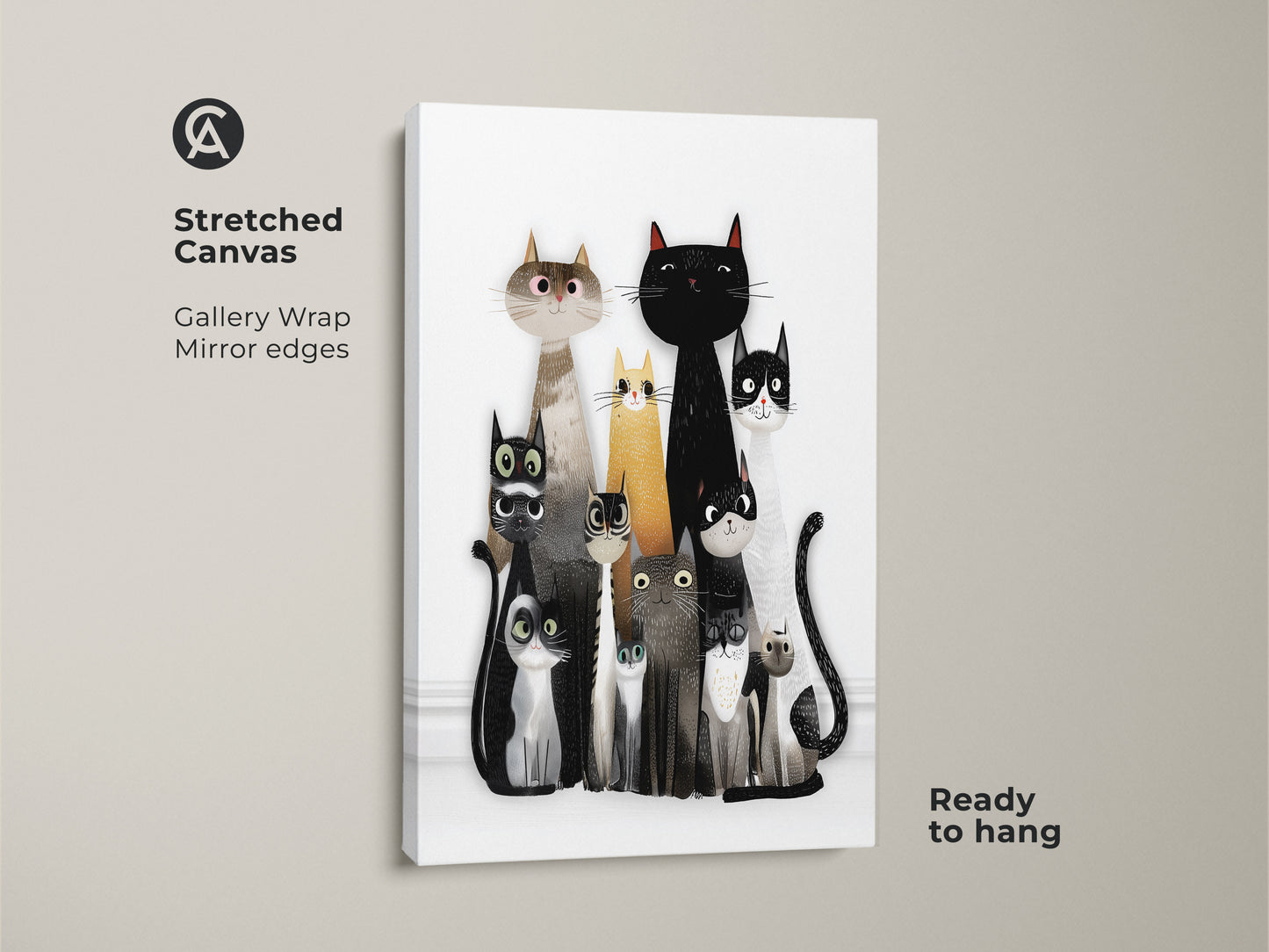 Stretched Canvas of Cute Cat Family Wall Art. The black and white animal artwork is ready to hang gallery wrapped with mirrored edges. A unique cat gift ideal for pet lovers and cat themed nursery decor.