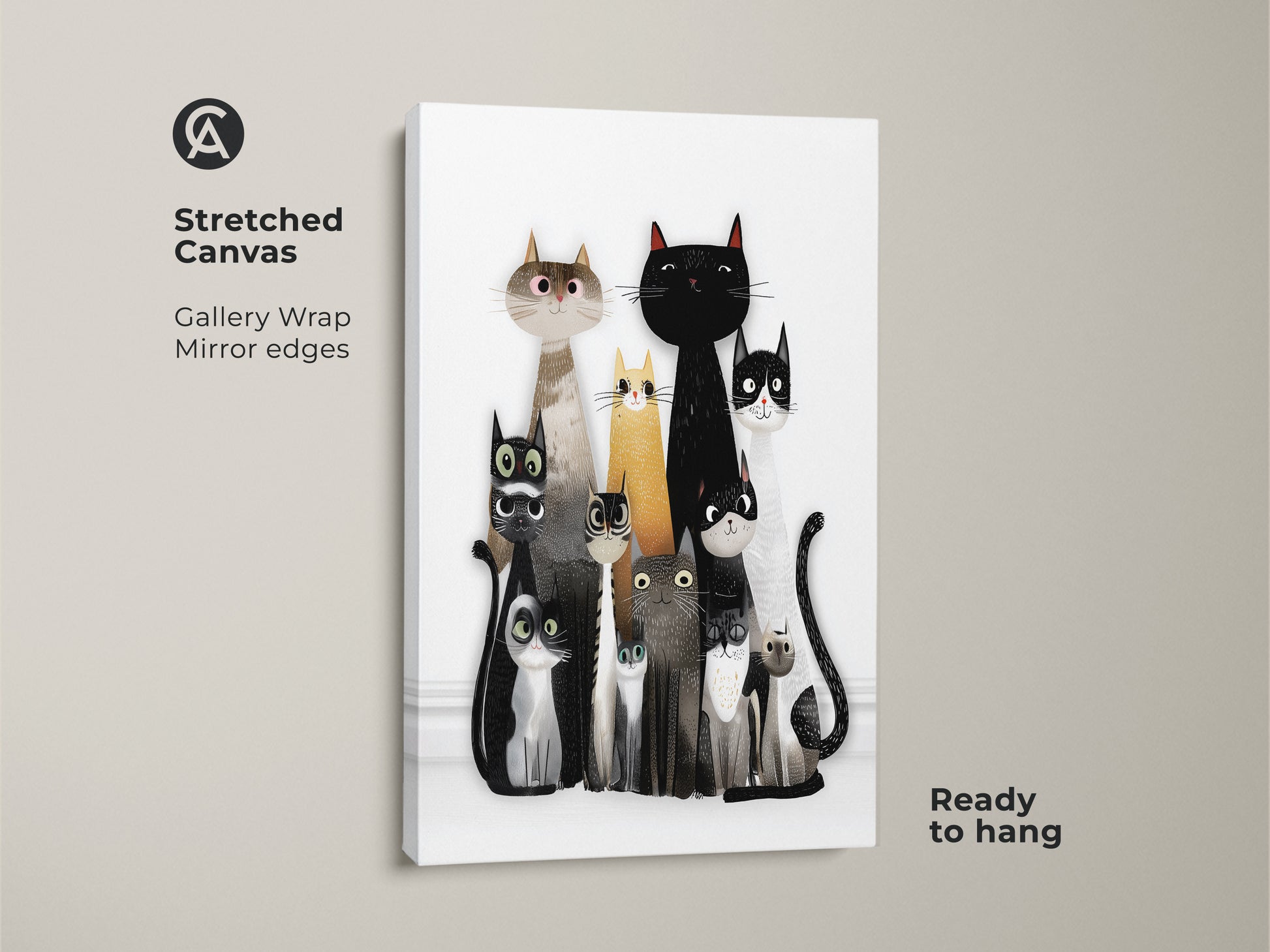 Stretched Canvas of Cute Cat Family Wall Art. The black and white animal artwork is ready to hang gallery wrapped with mirrored edges. A unique cat gift ideal for pet lovers and cat themed nursery decor.