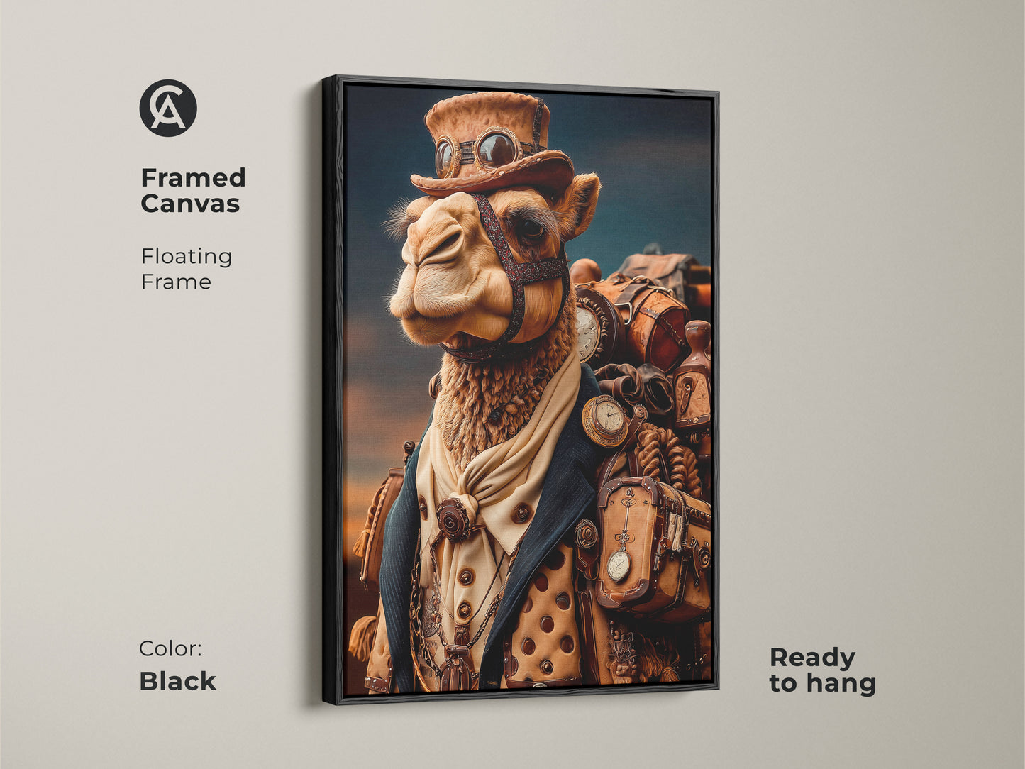 Framed Canvas Steampunk Camel art. Black floating frame enhances the camel with goggles and pocket watches. The Victorian adventure art is ready to hang. Ideal eclectic office wall art.