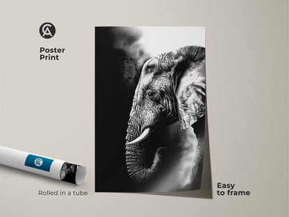 Monochrome elephant poster print arrives rolled in a tube. Easy to frame this wildlife animal canvas art is perfect. The black and white elephant print adds minimalist home decor. It's a sophisticated grayscale wildlife art piece.