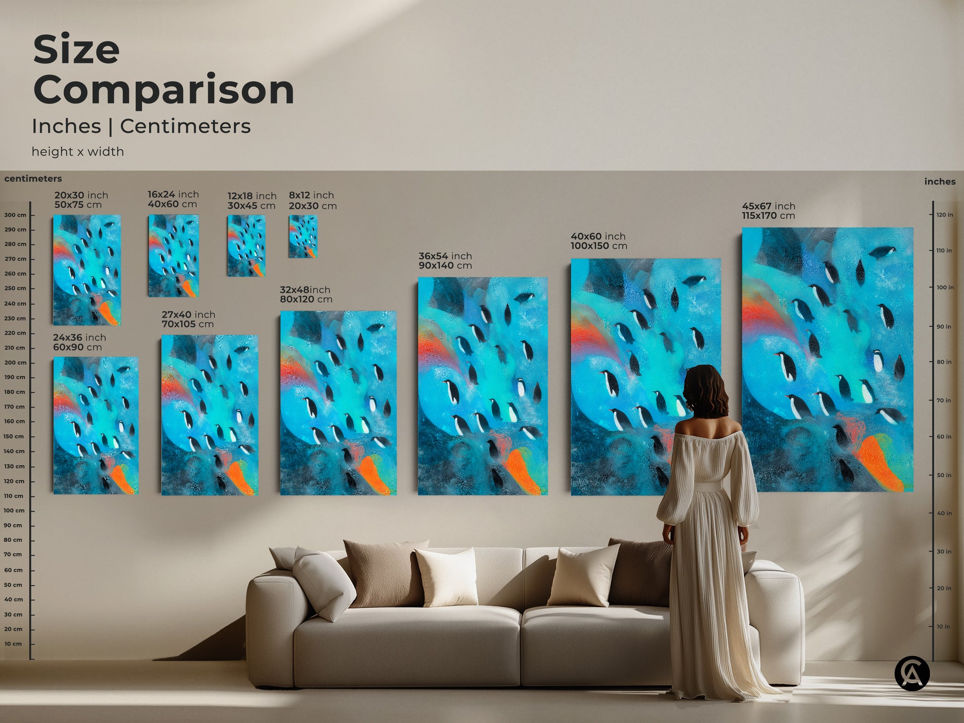 Size comparison of abstract penguin art prints. See how the artwork looks in various sizes. Displayed above a sofa for scale. Choose the perfect canvas size for your eclectic home decor vision.
