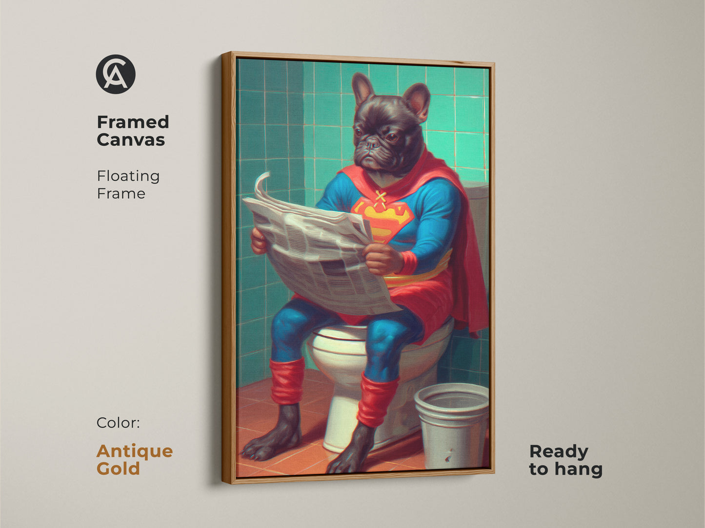 Featuring an antique gold frame this French Bulldog superhero art on canvas brings quirky charm. Ready to hang this eclectic artwork is a fun conversation starter. Makes a unique dog lover birthday gift. The cartoon dog art and vibrant colors will enhance any wall. A perfect addition for humorous home decor