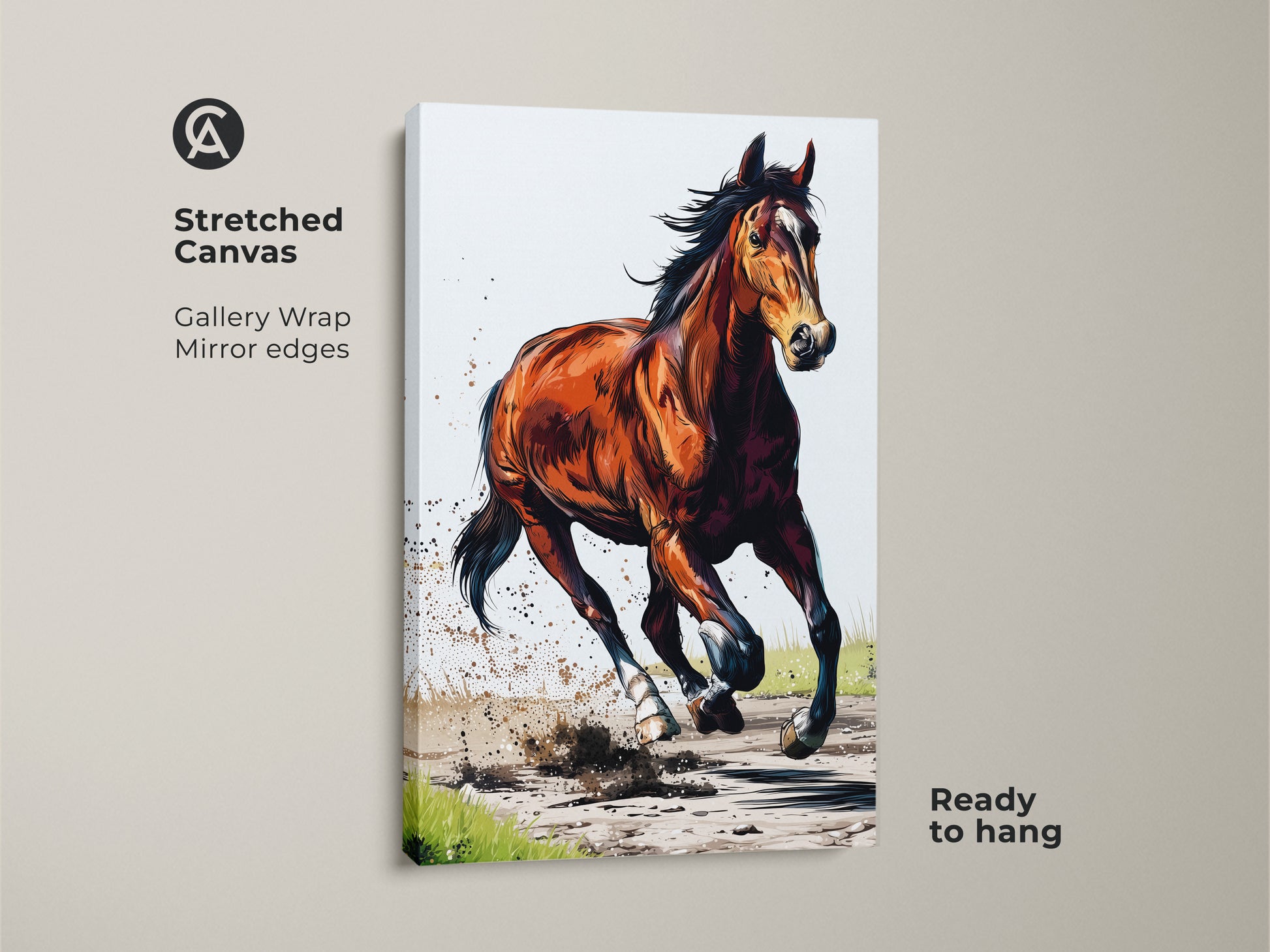 Stretched canvas print of a chestnut horse galloping. This gallery-wrapped artwork features mirror edges. Ready to hang as dynamic animal artwork. Perfect for equestrian decor and wildlife art lovers.