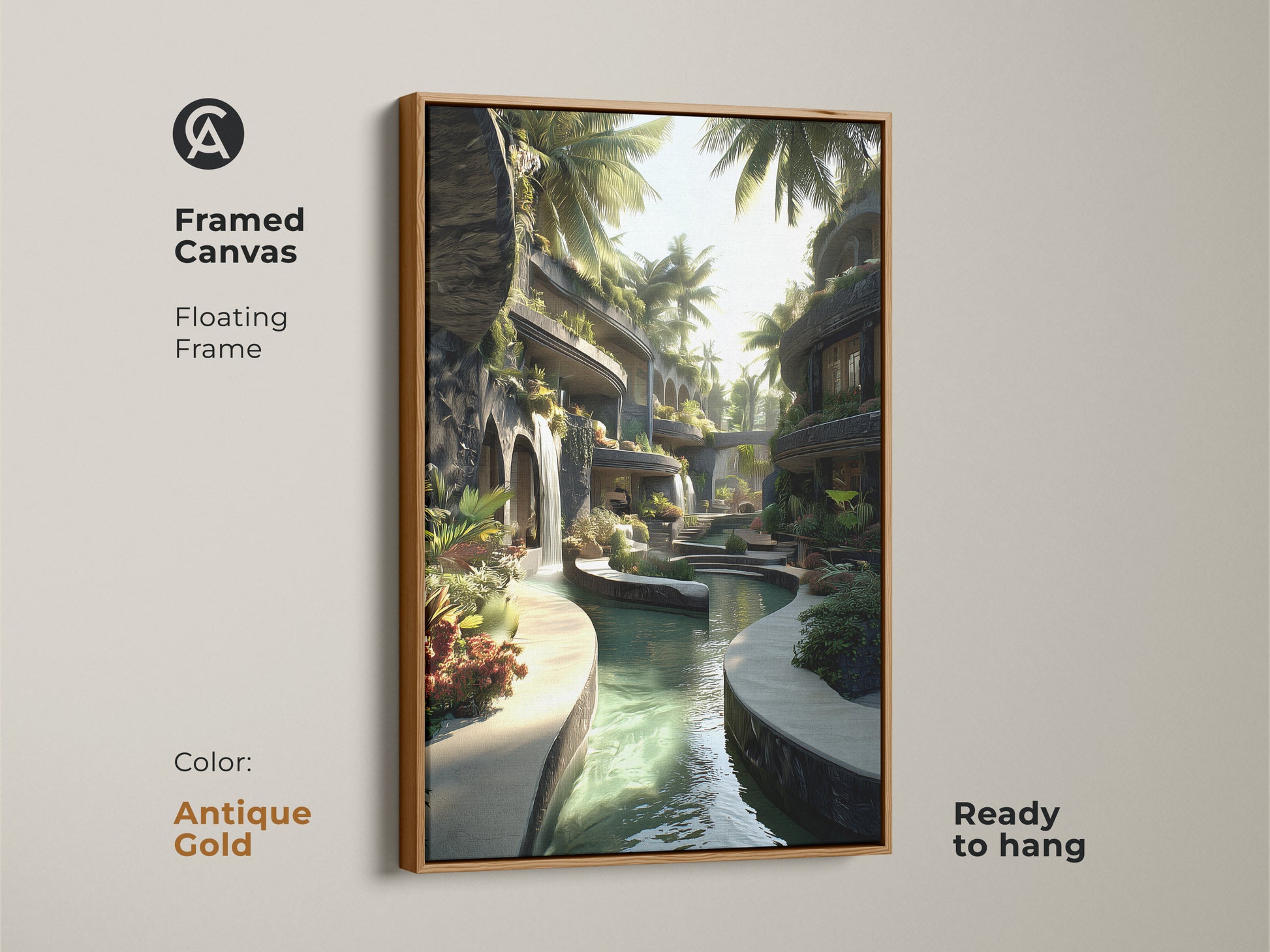Framed canvas print with a tropical modern theme. Antique gold floating frame highlights the green and blue artwork. Biophilic waterfall and palm tree art creates a relaxing vibe. Ready to hang this print adds resort charm. Ideal for travel lovers and eclectic styles.