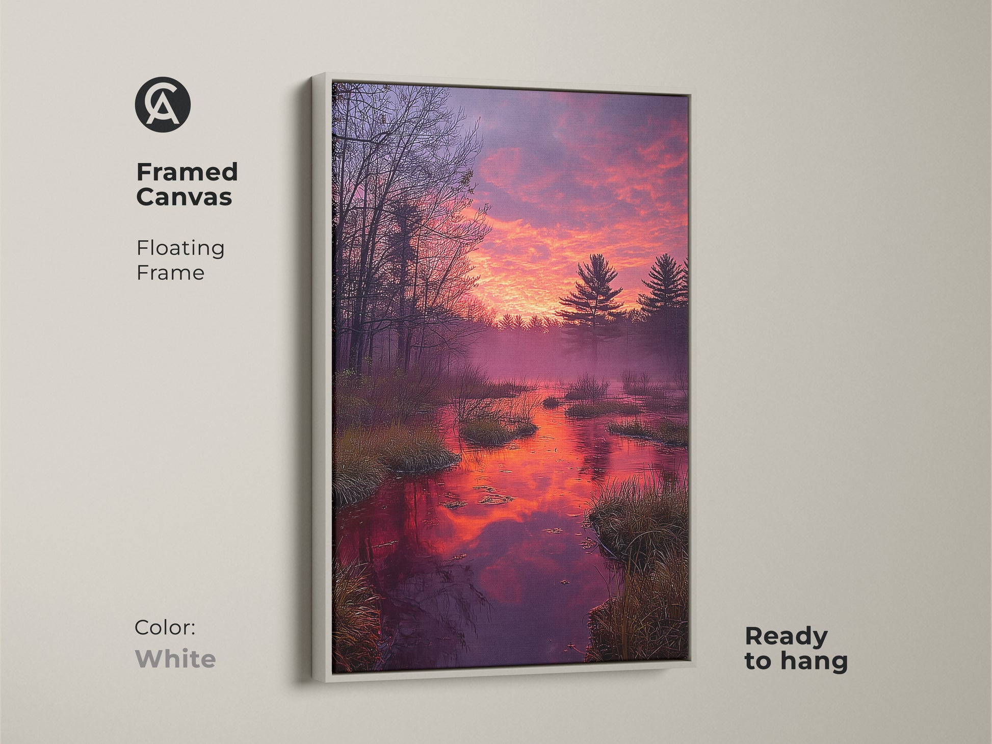 Framed canvas print of a forest sunset. Rustic nature artwork featuring an orange and purple sky. Pine trees are reflected in the water. The floating frame is white and ready to hang. This landscape painting print brings a red and gold sunset into your living room. A serene water reflection adds tranquility.