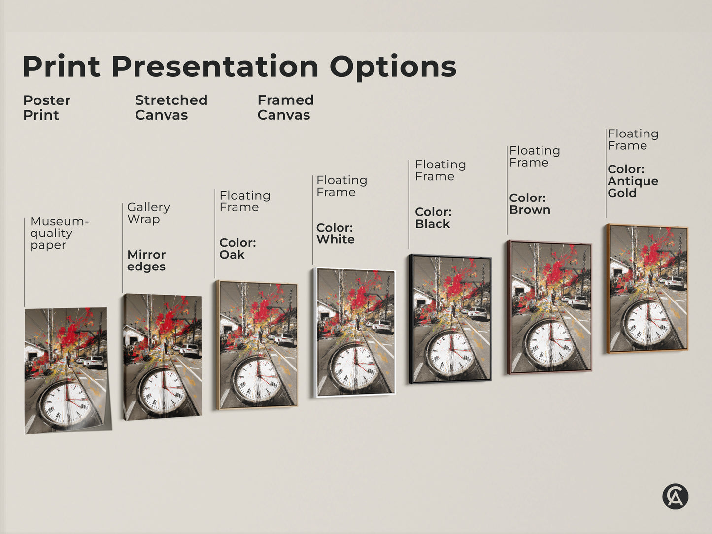 Print presentation options showcasing poster prints stretched canvases and framed canvases. Each features the urban sketch cityscape art. See various framing and style choices for your abstract expressionism artwork.