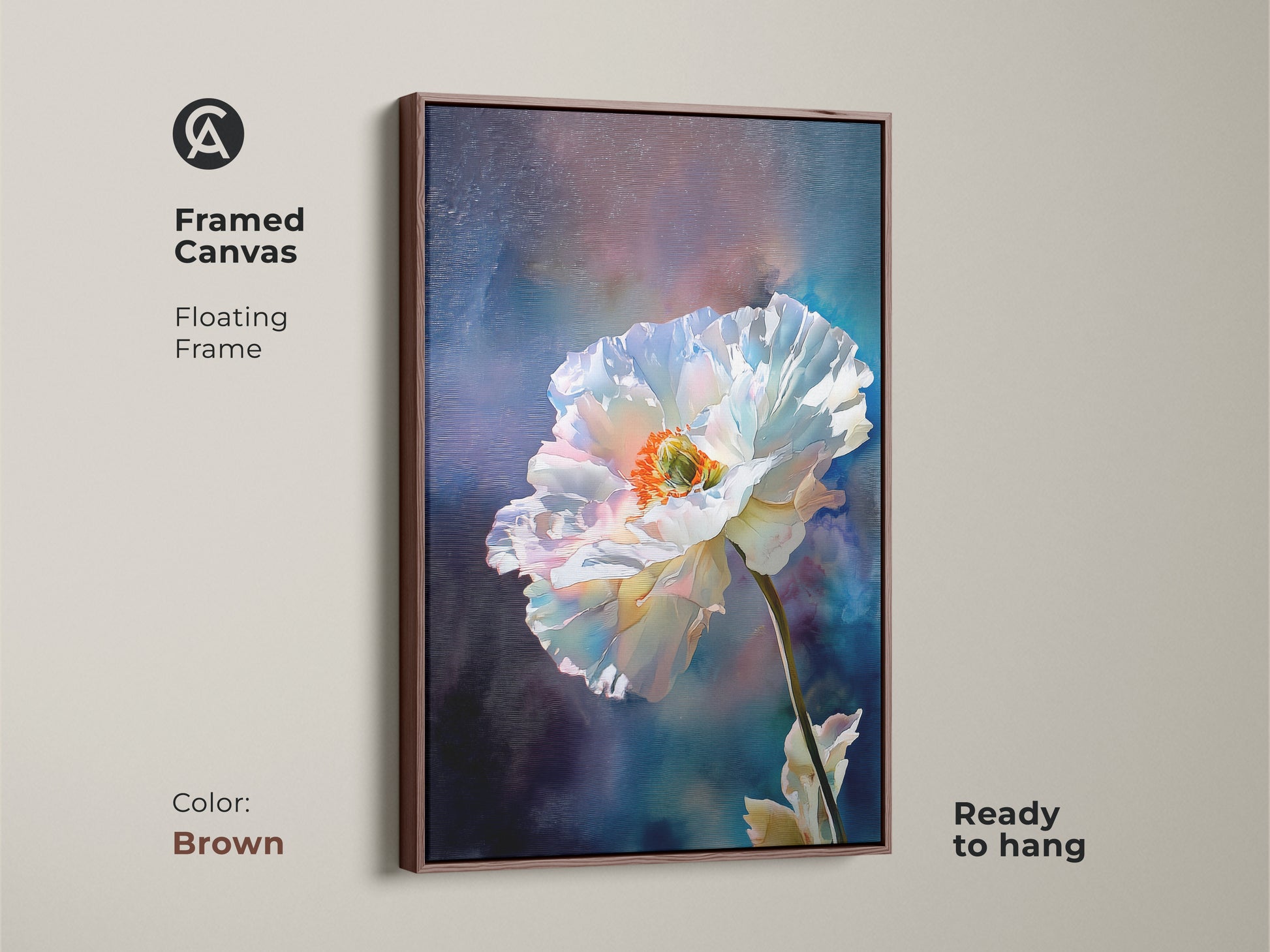 Framed White Poppy Canvas Art in a brown floating frame. This botanical floral wall art has a vibrant orange center. The abstract nature artwork is ready to hang. Ideal housewarming gift for plant lovers.