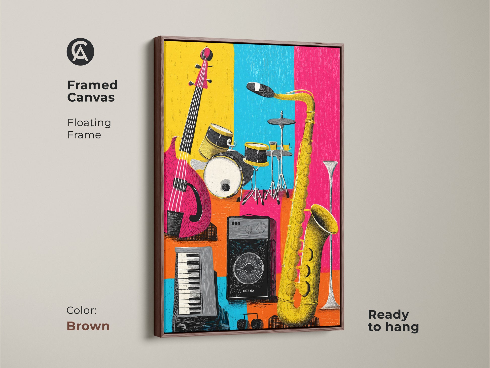Framed canvas musical instrument artwork with a brown floating frame. Displaying a guitar drums keyboard and saxophone. This colorful piece is ready to hang in any music lover's space.