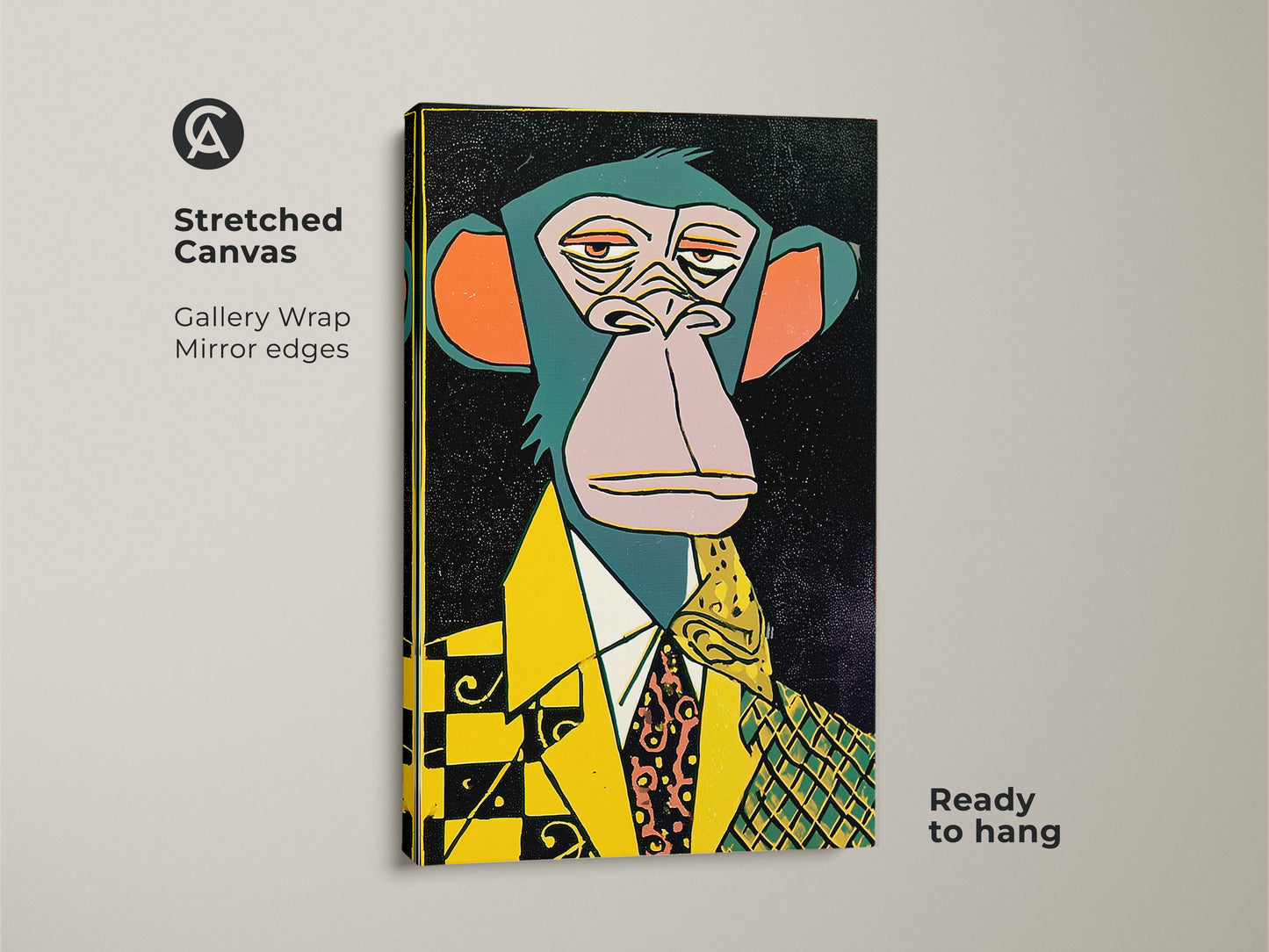This stretched canvas art is ready to hang. It showcases a distinguished ape in a suit. The gallery wrap and mirror edges add a touch of elegance. This unique artwork is a must-have for any art lover. Add it to your collection.