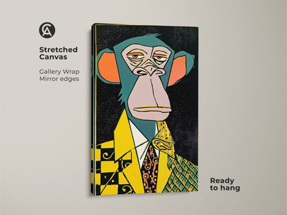 This stretched canvas art is ready to hang. It showcases a distinguished ape in a suit. The gallery wrap and mirror edges add a touch of elegance. This unique artwork is a must-have for any art lover. Add it to your collection.