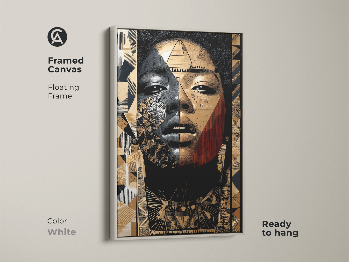 Framed canvas of an abstract woman portrait. The floating frame is white and ready to hang. Features tribal geometric artwork in gold black and tan colors. Perfect wall art for modern home decor.
