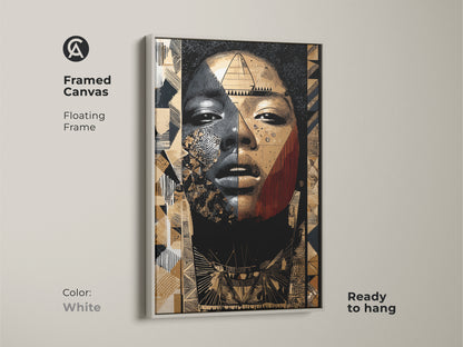 Framed canvas of an abstract woman portrait. The floating frame is white and ready to hang. Features tribal geometric artwork in gold black and tan colors. Perfect wall art for modern home decor.