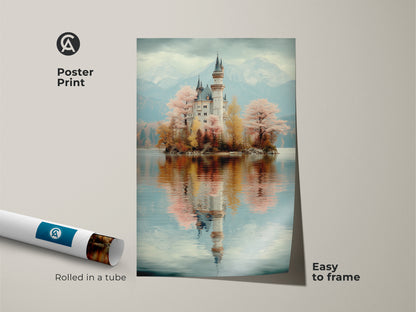 Poster Print of a Fantasy Castle Art Print rolled in a tube. The dreamy landscape canvas is easy to frame. It features pastel mountains and a lake reflection. A perfect housewarming gift fantasy.