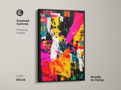 Framed canvas featuring a vibrant abstract artwork. The floating frame is black. The artwork is ready to hang. This modern art piece adds a sophisticated touch to any space.
