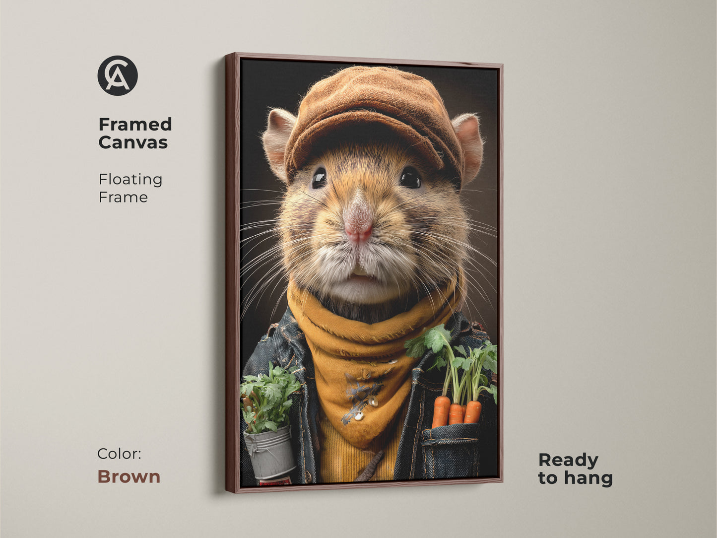 Framed canvas with a floating frame displays a realistic mouse gardener. The brown frame enhances the warm color palette. This unique gift idea adds rustic charm to any room. Ideal for fall harvest decor or a cozy cottage theme. The anthropomorphic creature art brings personality to your walls.