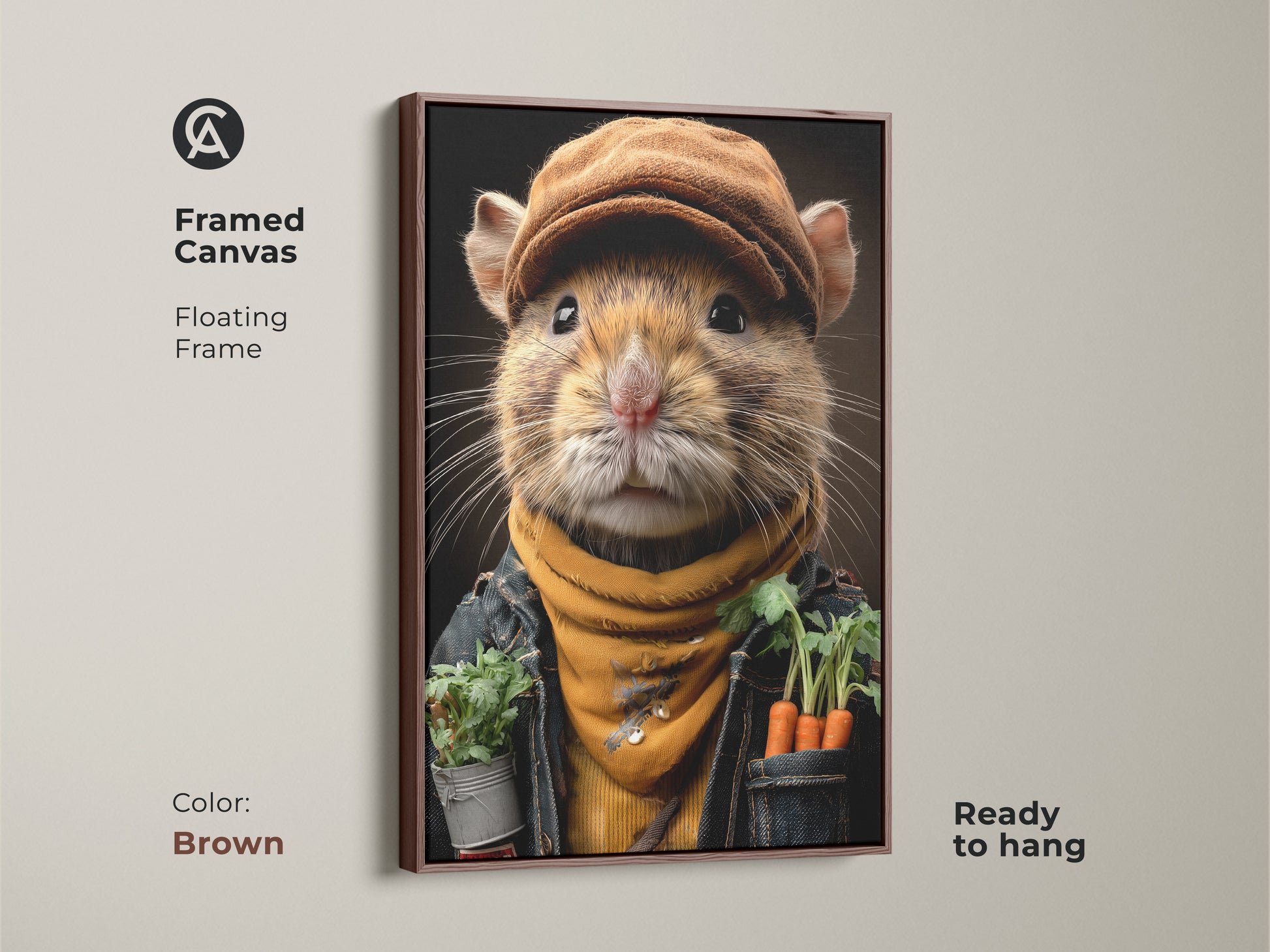 Framed canvas with a floating frame displays a realistic mouse gardener. The brown frame enhances the warm color palette. This unique gift idea adds rustic charm to any room. Ideal for fall harvest decor or a cozy cottage theme. The anthropomorphic creature art brings personality to your walls.