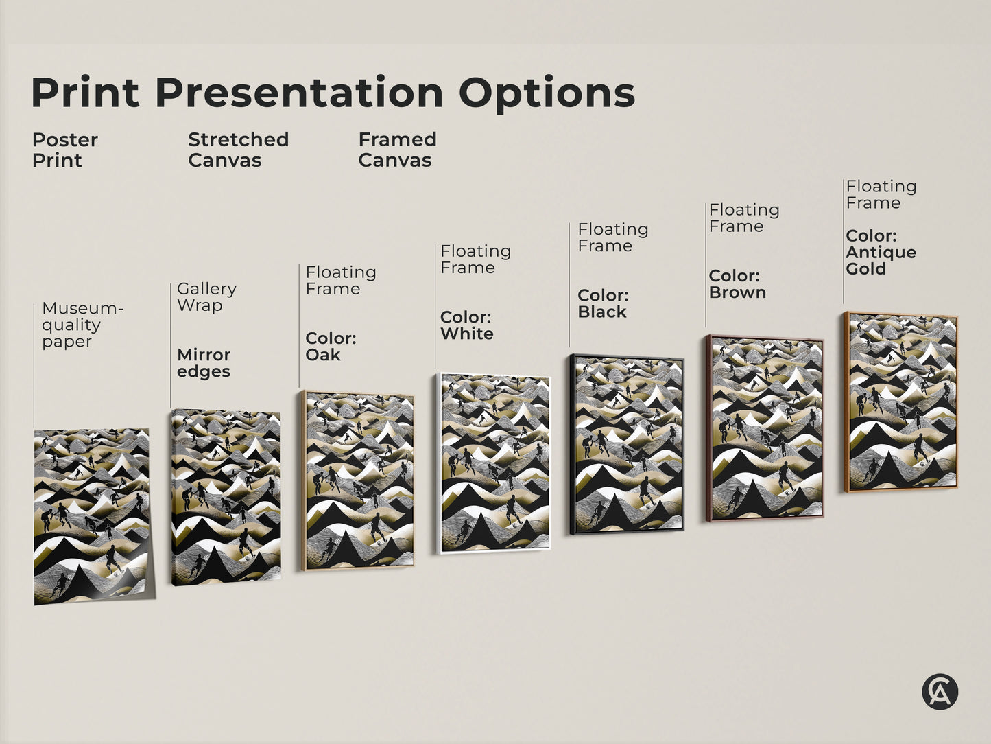 This image displays various print presentation options. Poster prints stretched canvas and framed canvas options are shown. The abstract football artwork is displayed in black white and gold. Each style offers a unique aesthetic.