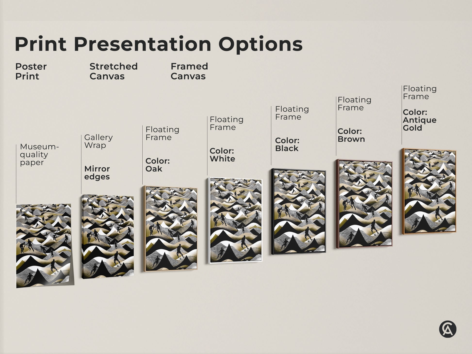 This image displays various print presentation options. Poster prints stretched canvas and framed canvas options are shown. The abstract football artwork is displayed in black white and gold. Each style offers a unique aesthetic.