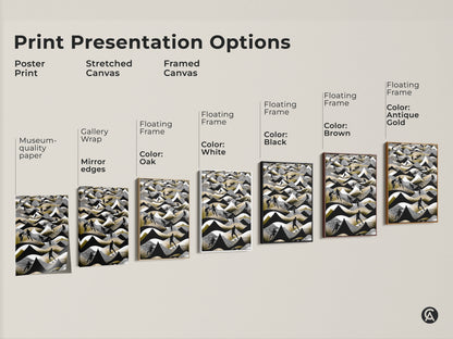 This image displays various print presentation options. Poster prints stretched canvas and framed canvas options are shown. The abstract football artwork is displayed in black white and gold. Each style offers a unique aesthetic.