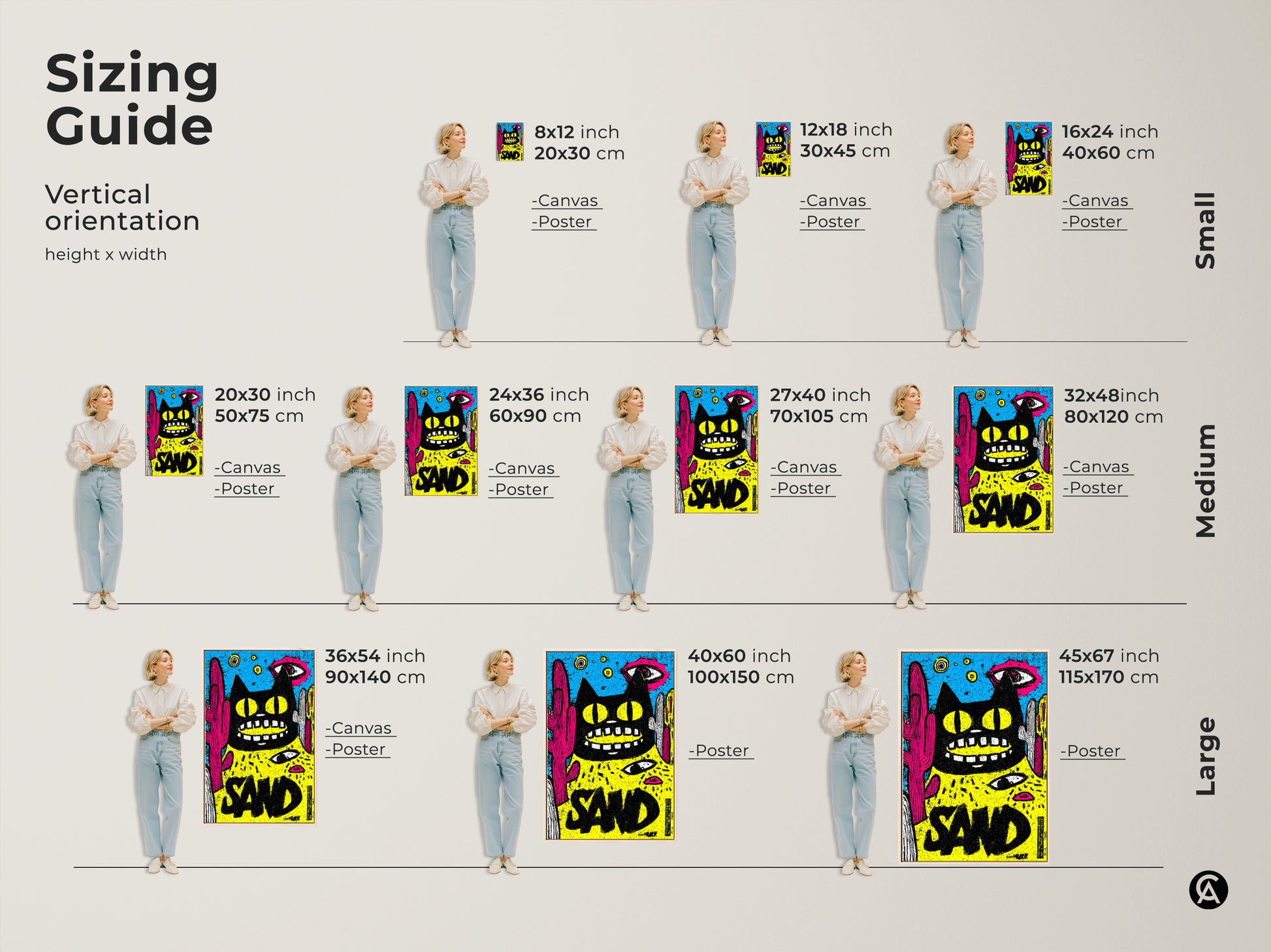 Sizing guide for vertical orientation art prints. Available in small medium and large sizes. Choose the perfect dimensions for your space. Find the ideal art print to complement your home.