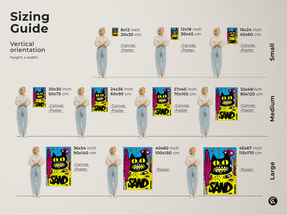 Sizing guide for vertical orientation art prints. Available in small medium and large sizes. Choose the perfect dimensions for your space. Find the ideal art print to complement your home.