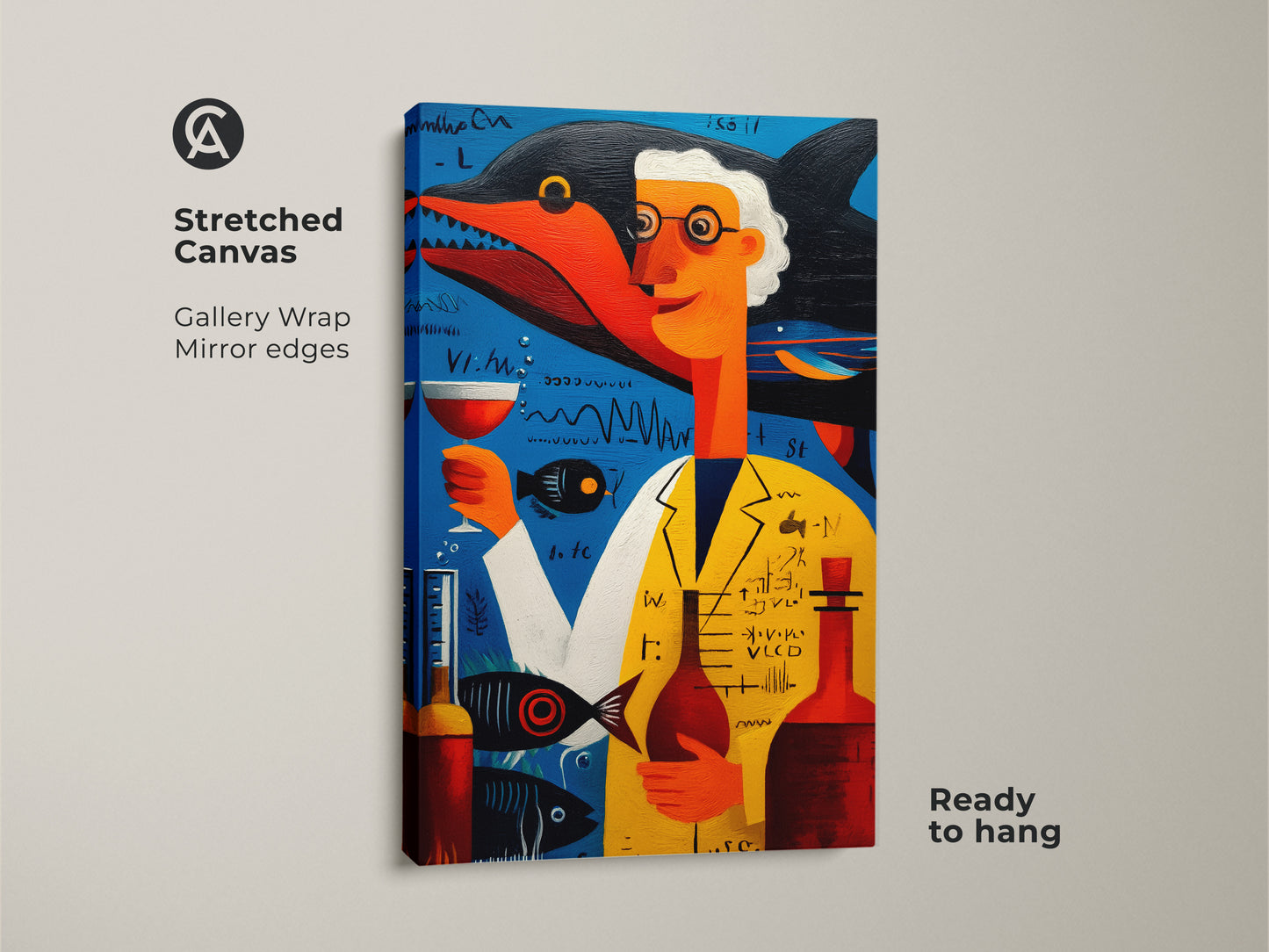 Stretched canvas gallery wrap of a surreal scientist art print. The whimsical shark wall art adds character. Perfect science themed office decor in blue yellow and orange. The canvas is ready to hang for easy display.