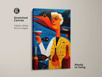 Stretched canvas gallery wrap of a surreal scientist art print. The whimsical shark wall art adds character. Perfect science themed office decor in blue yellow and orange. The canvas is ready to hang for easy display.