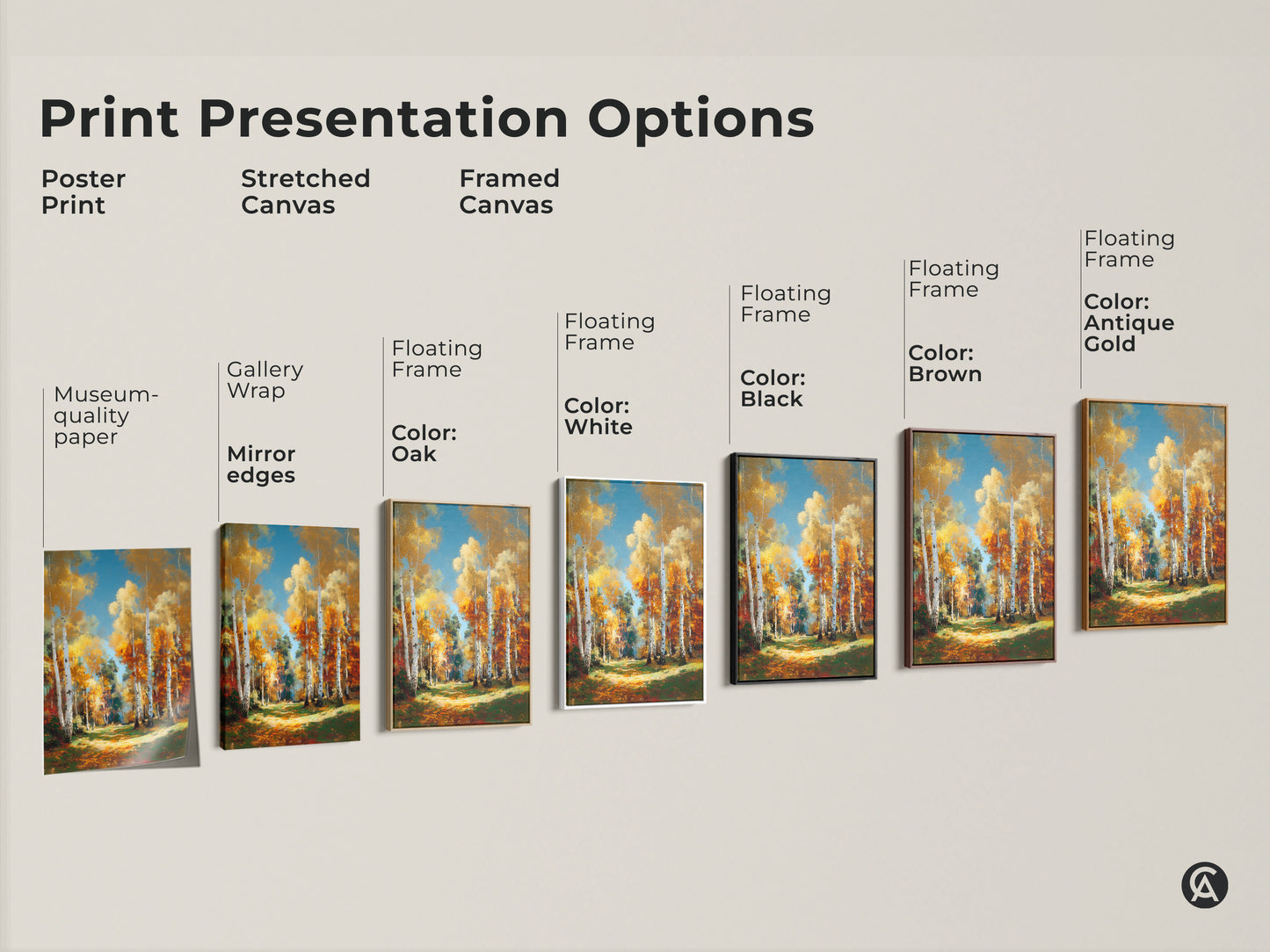 Explore print presentation options for birch tree forest artwork. Choose from poster prints or stretched canvas. Framed canvas options are also available. Find the perfect wall decor today