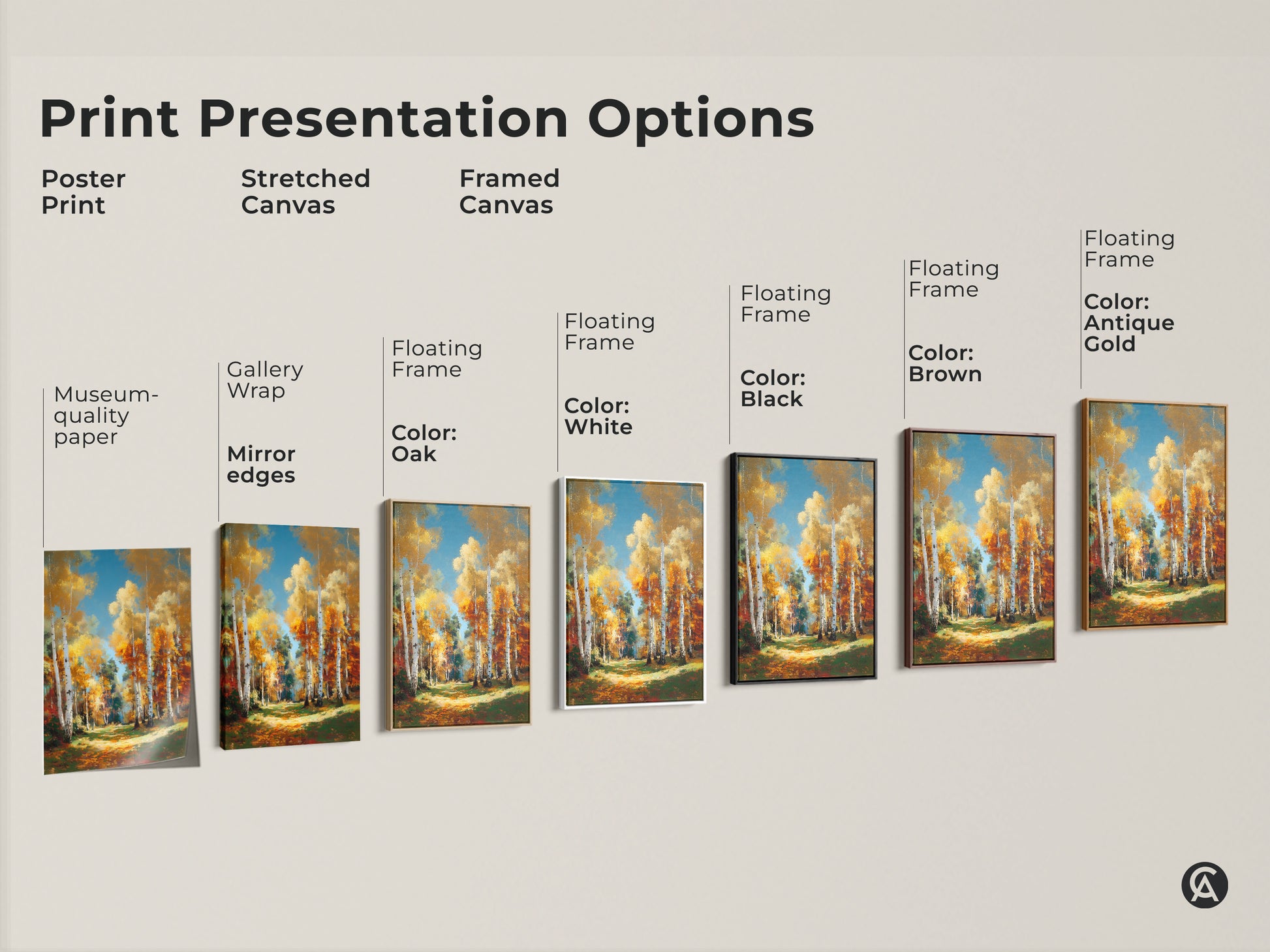 Explore print presentation options for birch tree forest artwork. Choose from poster prints or stretched canvas. Framed canvas options are also available. Find the perfect wall decor today