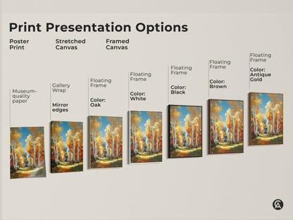Explore print presentation options for birch tree forest artwork. Choose from poster prints or stretched canvas. Framed canvas options are also available. Find the perfect wall decor today
