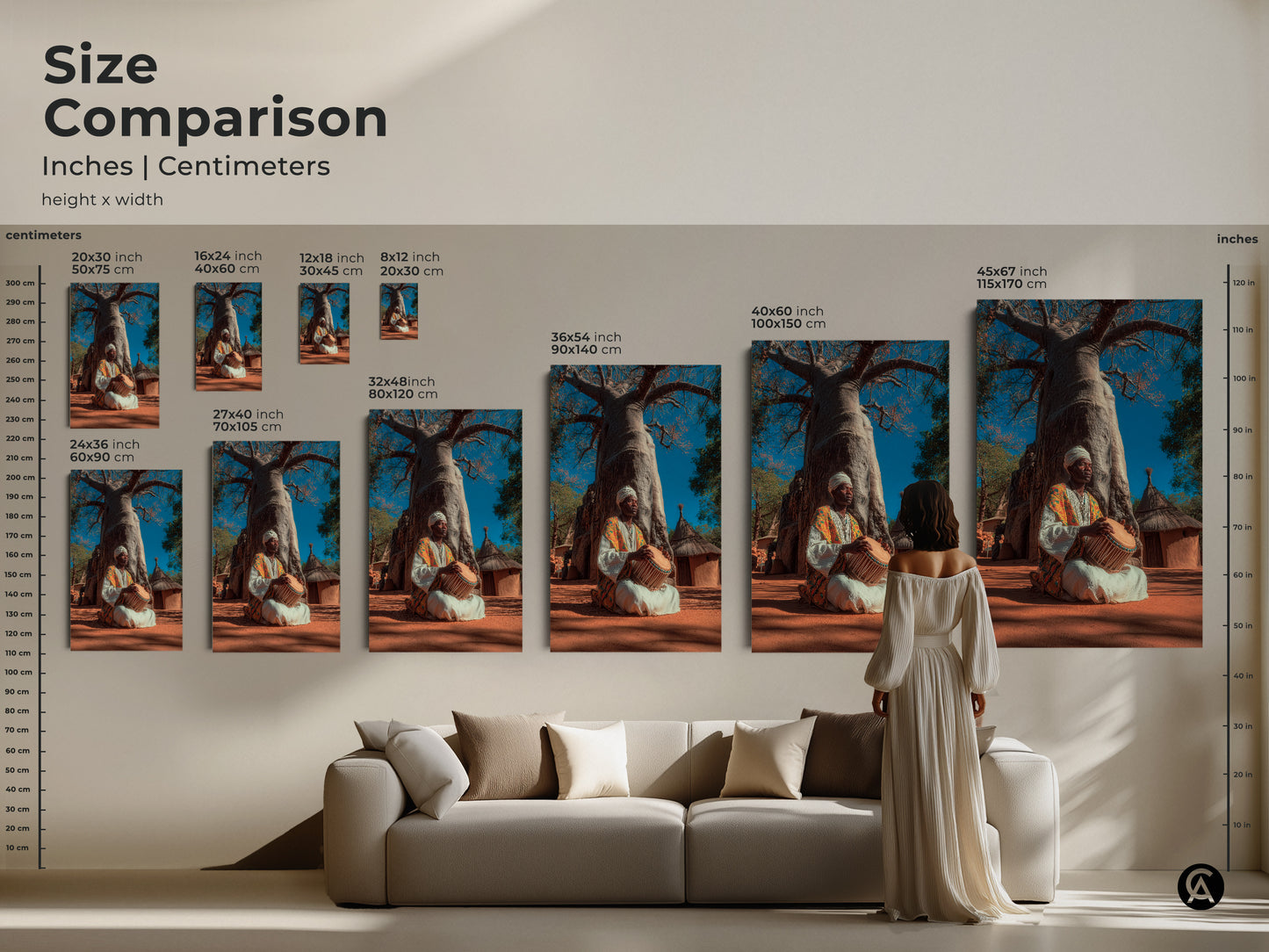Size comparison of African musician artwork in inches and centimeters. Various sizes are displayed in a living room setting. This tribal Baobab tree art adds a boho touch. It features earth tones blue and orange colors.