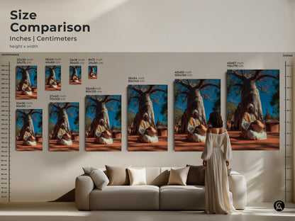 Size comparison of African musician artwork in inches and centimeters. Various sizes are displayed in a living room setting. This tribal Baobab tree art adds a boho touch. It features earth tones blue and orange colors.