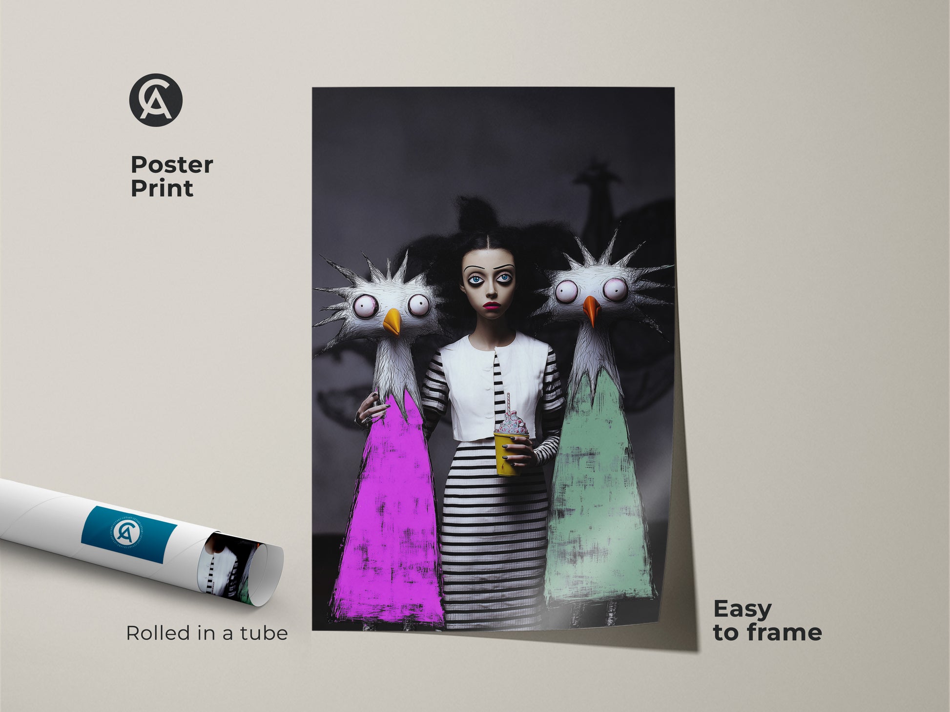 Bizarre art for bedroom available as a poster print. This quirky figurative art print features a girl and monster in a surreal scene. This unusual character artwork is rolled in a tube and easy to frame. It's strange art for living room.