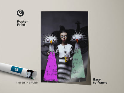 Bizarre art for bedroom available as a poster print. This quirky figurative art print features a girl and monster in a surreal scene. This unusual character artwork is rolled in a tube and easy to frame. It's strange art for living room.