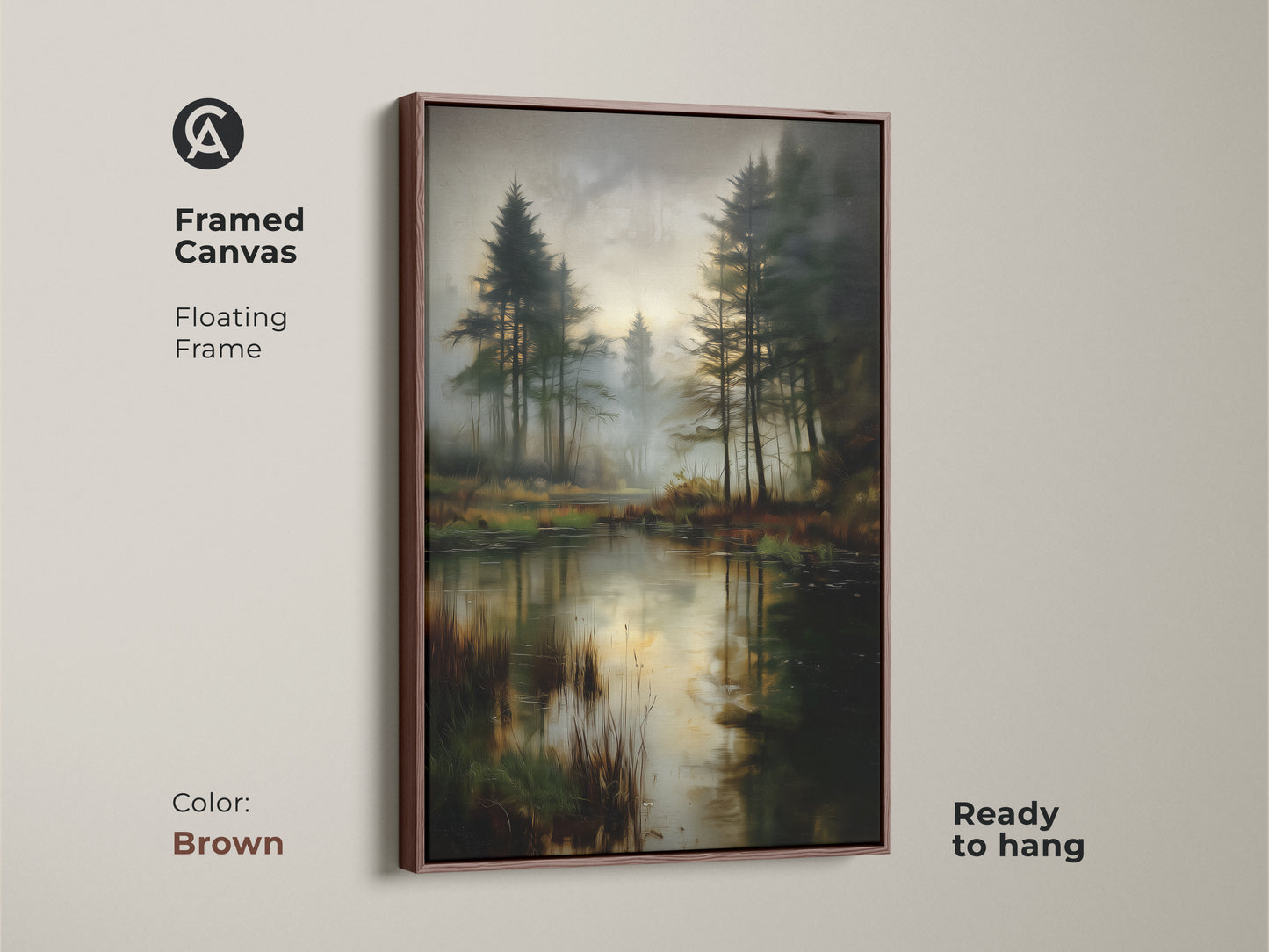 Framed canvas featuring a misty forest lake with a brown floating frame. The deep green and earthy brown tones create a rustic landscape artwork. This pine trees wall art is ready to hang. A perfect housewarming gift.