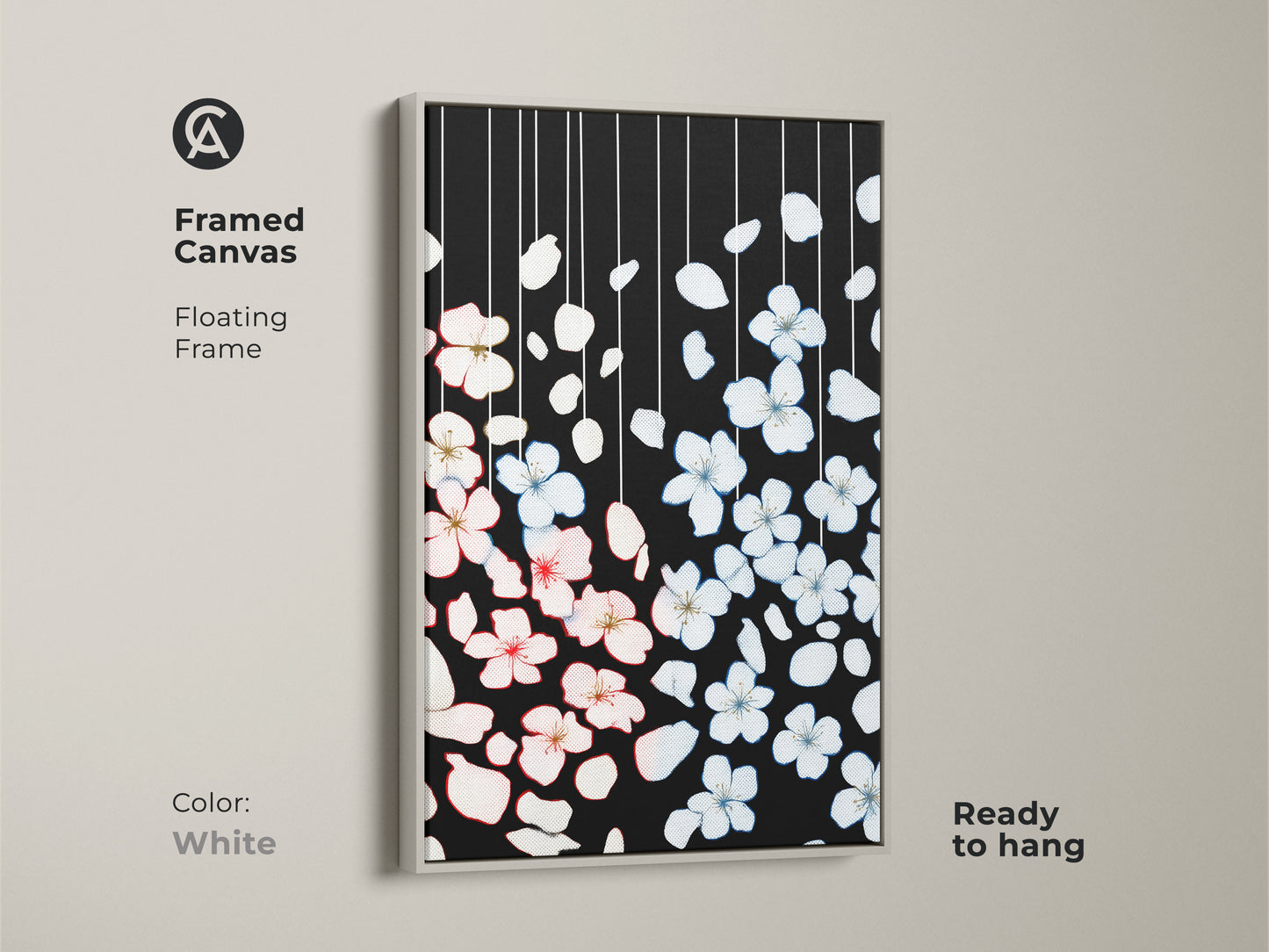 Framed canvas print features minimalist cherry blossom art with a clean white frame. The black botanical artwork contrasts with pink and white petals. Ready to hang this frame enhances Scandinavian decor. This art is ideal for adding a touch of nature inspired elegance to any space.