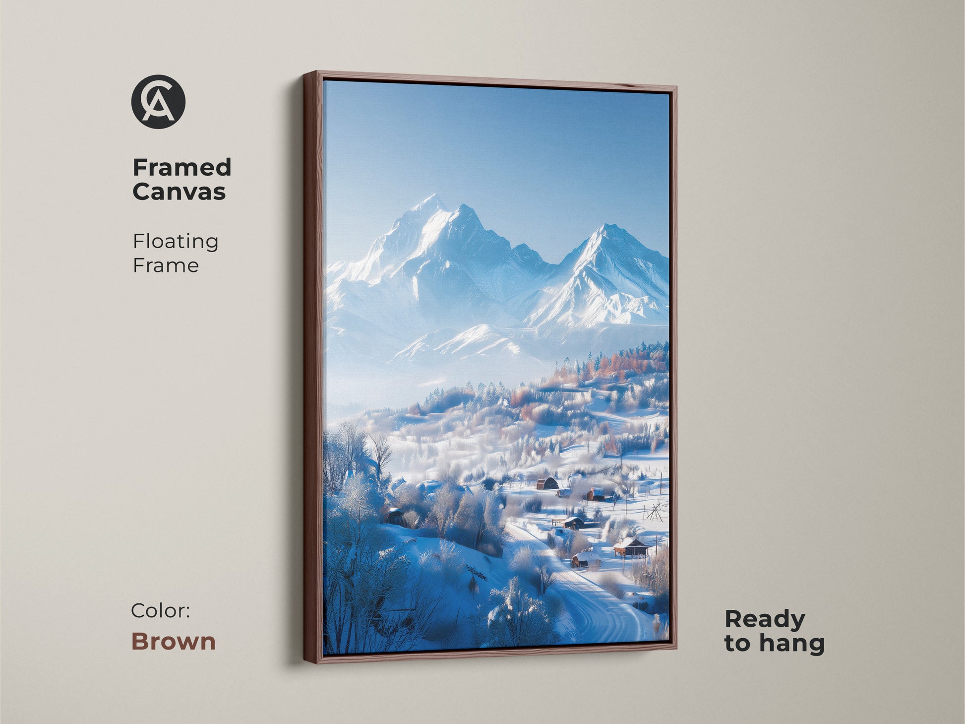 Framed canvas featuring snow covered mountains. The artwork has a brown floating frame. The art is ready to hang. This framed art print brings warmth to any room. The mountain art is the perfect addition to your home.